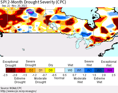 Canada SPI 2-Month Drought Severity (CPC) Thematic Map For 9/21/2022 - 11/20/2022