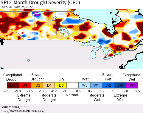 Canada SPI 2-Month Drought Severity (CPC) Thematic Map For 9/26/2022 - 11/25/2022