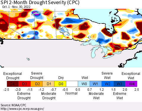 Canada SPI 2-Month Drought Severity (CPC) Thematic Map For 10/1/2022 - 11/30/2022