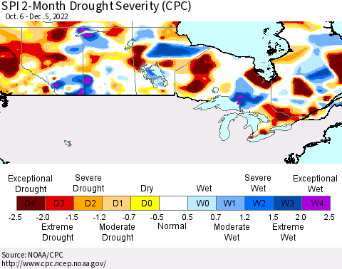 Canada SPI 2-Month Drought Severity (CPC) Thematic Map For 10/6/2022 - 12/5/2022