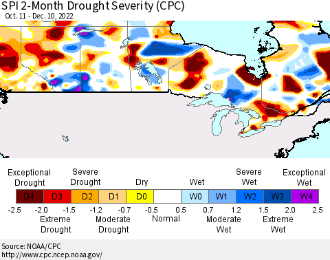 Canada SPI 2-Month Drought Severity (CPC) Thematic Map For 10/11/2022 - 12/10/2022