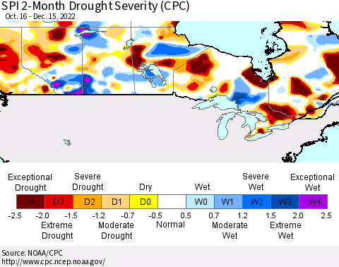 Canada SPI 2-Month Drought Severity (CPC) Thematic Map For 10/16/2022 - 12/15/2022