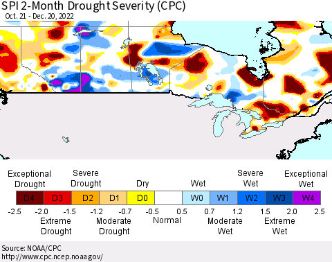 Canada SPI 2-Month Drought Severity (CPC) Thematic Map For 10/21/2022 - 12/20/2022