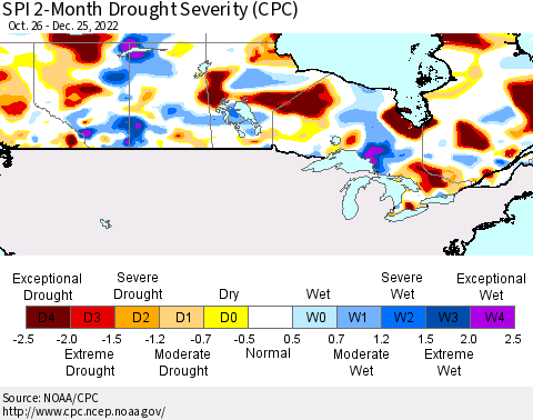 Canada SPI 2-Month Drought Severity (CPC) Thematic Map For 10/26/2022 - 12/25/2022