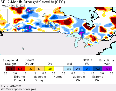 Canada SPI 2-Month Drought Severity (CPC) Thematic Map For 11/1/2022 - 12/31/2022