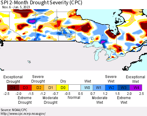 Canada SPI 2-Month Drought Severity (CPC) Thematic Map For 11/6/2022 - 1/5/2023