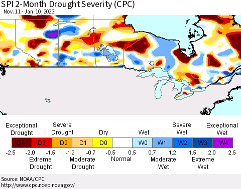 Canada SPI 2-Month Drought Severity (CPC) Thematic Map For 11/11/2022 - 1/10/2023