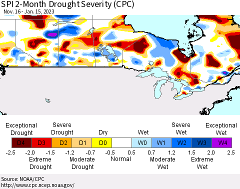 Canada SPI 2-Month Drought Severity (CPC) Thematic Map For 11/16/2022 - 1/15/2023