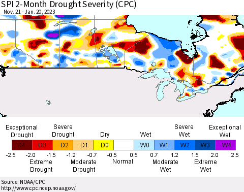 Canada SPI 2-Month Drought Severity (CPC) Thematic Map For 11/21/2022 - 1/20/2023