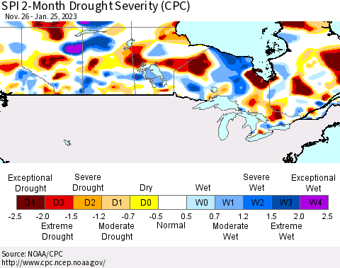 Canada SPI 2-Month Drought Severity (CPC) Thematic Map For 11/26/2022 - 1/25/2023