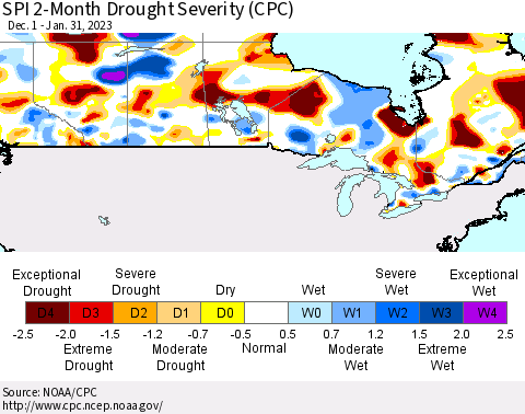Canada SPI 2-Month Drought Severity (CPC) Thematic Map For 12/1/2022 - 1/31/2023