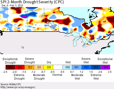 Canada SPI 2-Month Drought Severity (CPC) Thematic Map For 12/6/2022 - 2/5/2023