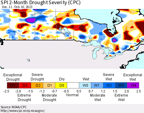 Canada SPI 2-Month Drought Severity (CPC) Thematic Map For 12/11/2022 - 2/10/2023