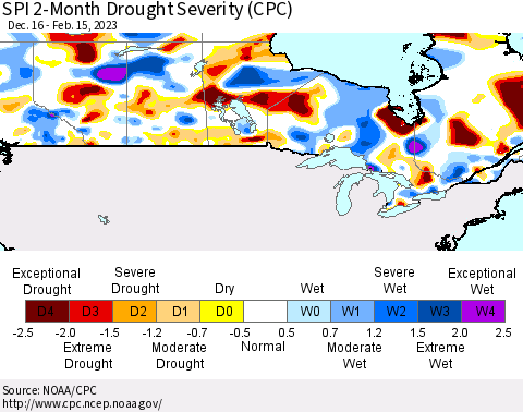 Canada SPI 2-Month Drought Severity (CPC) Thematic Map For 12/16/2022 - 2/15/2023