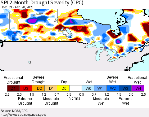 Canada SPI 2-Month Drought Severity (CPC) Thematic Map For 12/21/2022 - 2/20/2023
