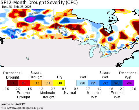 Canada SPI 2-Month Drought Severity (CPC) Thematic Map For 12/26/2022 - 2/25/2023