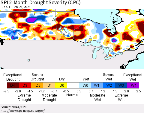 Canada SPI 2-Month Drought Severity (CPC) Thematic Map For 1/1/2023 - 2/28/2023