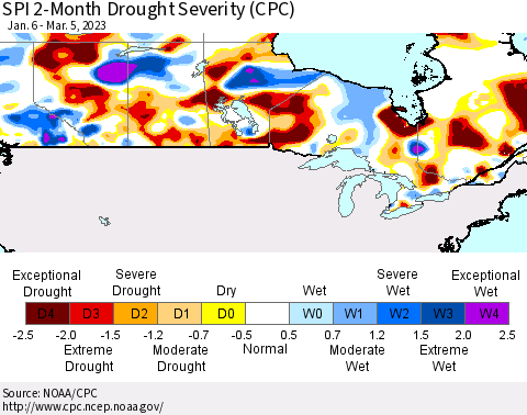 Canada SPI 2-Month Drought Severity (CPC) Thematic Map For 1/6/2023 - 3/5/2023