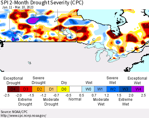 Canada SPI 2-Month Drought Severity (CPC) Thematic Map For 1/11/2023 - 3/10/2023