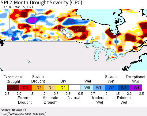 Canada SPI 2-Month Drought Severity (CPC) Thematic Map For 1/16/2023 - 3/15/2023