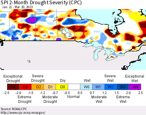 Canada SPI 2-Month Drought Severity (CPC) Thematic Map For 1/21/2023 - 3/20/2023