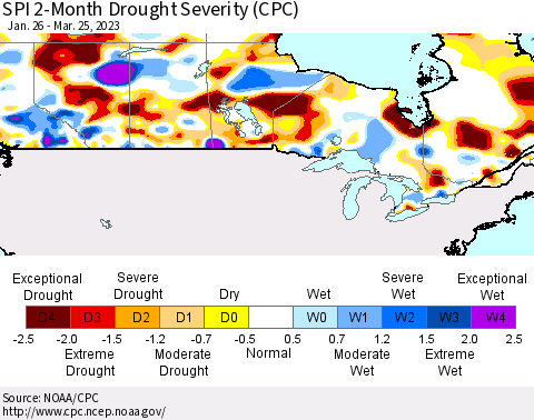 Canada SPI 2-Month Drought Severity (CPC) Thematic Map For 1/26/2023 - 3/25/2023