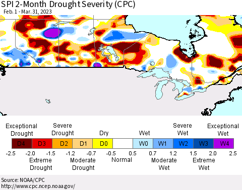 Canada SPI 2-Month Drought Severity (CPC) Thematic Map For 2/1/2023 - 3/31/2023