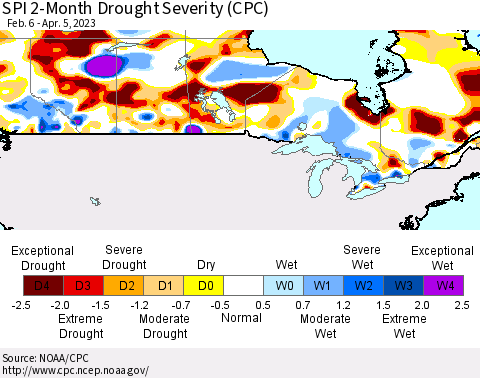 Canada SPI 2-Month Drought Severity (CPC) Thematic Map For 2/6/2023 - 4/5/2023