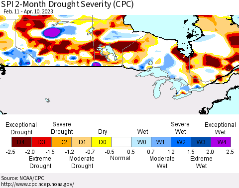 Canada SPI 2-Month Drought Severity (CPC) Thematic Map For 2/11/2023 - 4/10/2023