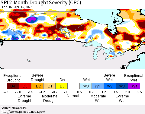 Canada SPI 2-Month Drought Severity (CPC) Thematic Map For 2/16/2023 - 4/15/2023