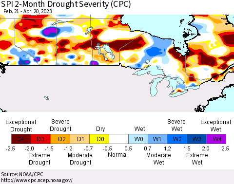 Canada SPI 2-Month Drought Severity (CPC) Thematic Map For 2/21/2023 - 4/20/2023