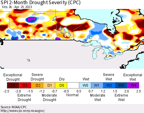 Canada SPI 2-Month Drought Severity (CPC) Thematic Map For 2/26/2023 - 4/25/2023