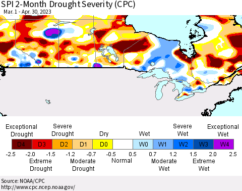 Canada SPI 2-Month Drought Severity (CPC) Thematic Map For 3/1/2023 - 4/30/2023
