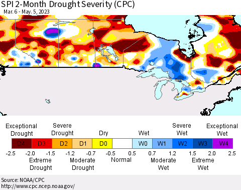 Canada SPI 2-Month Drought Severity (CPC) Thematic Map For 3/6/2023 - 5/5/2023