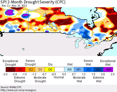 Canada SPI 2-Month Drought Severity (CPC) Thematic Map For 3/11/2023 - 5/10/2023