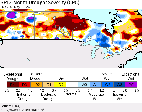 Canada SPI 2-Month Drought Severity (CPC) Thematic Map For 3/16/2023 - 5/15/2023