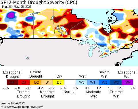 Canada SPI 2-Month Drought Severity (CPC) Thematic Map For 3/26/2023 - 5/25/2023