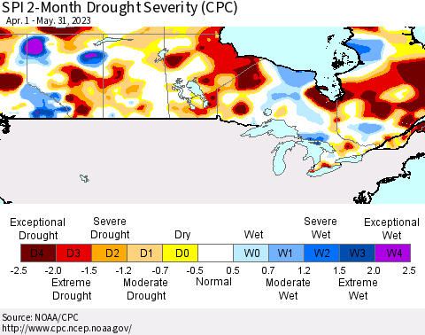 Canada SPI 2-Month Drought Severity (CPC) Thematic Map For 4/1/2023 - 5/31/2023