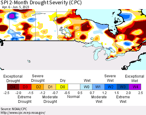 Canada SPI 2-Month Drought Severity (CPC) Thematic Map For 4/6/2023 - 6/5/2023