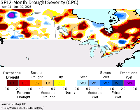 Canada SPI 2-Month Drought Severity (CPC) Thematic Map For 4/11/2023 - 6/10/2023