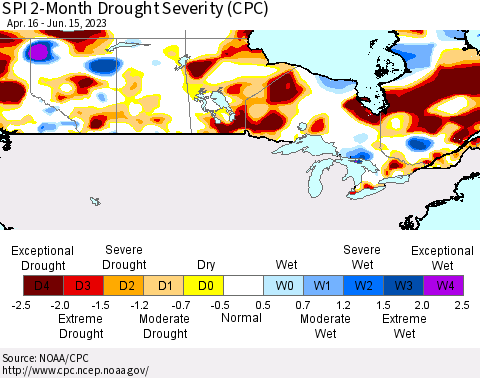 Canada SPI 2-Month Drought Severity (CPC) Thematic Map For 4/16/2023 - 6/15/2023