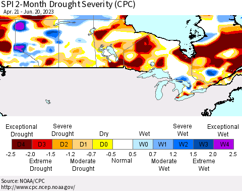 Canada SPI 2-Month Drought Severity (CPC) Thematic Map For 4/21/2023 - 6/20/2023