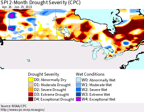 Canada SPI 2-Month Drought Severity (CPC) Thematic Map For 4/26/2023 - 6/25/2023