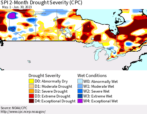 Canada SPI 2-Month Drought Severity (CPC) Thematic Map For 5/1/2023 - 6/30/2023