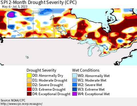 Canada SPI 2-Month Drought Severity (CPC) Thematic Map For 5/6/2023 - 7/5/2023