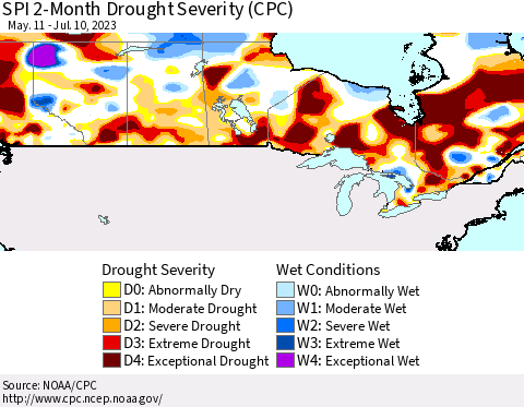 Canada SPI 2-Month Drought Severity (CPC) Thematic Map For 5/11/2023 - 7/10/2023