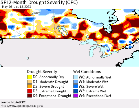 Canada SPI 2-Month Drought Severity (CPC) Thematic Map For 5/16/2023 - 7/15/2023