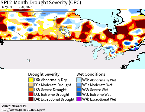 Canada SPI 2-Month Drought Severity (CPC) Thematic Map For 5/21/2023 - 7/20/2023