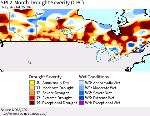 Canada SPI 2-Month Drought Severity (CPC) Thematic Map For 5/26/2023 - 7/25/2023