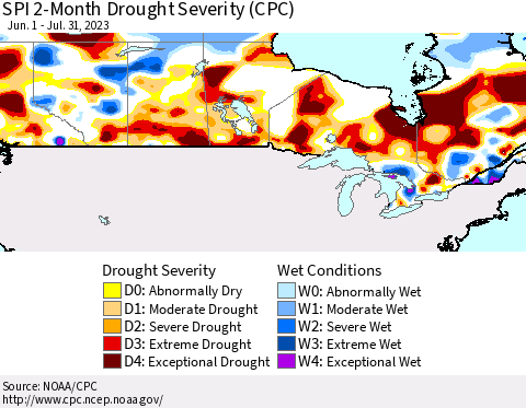 Canada SPI 2-Month Drought Severity (CPC) Thematic Map For 6/1/2023 - 7/31/2023